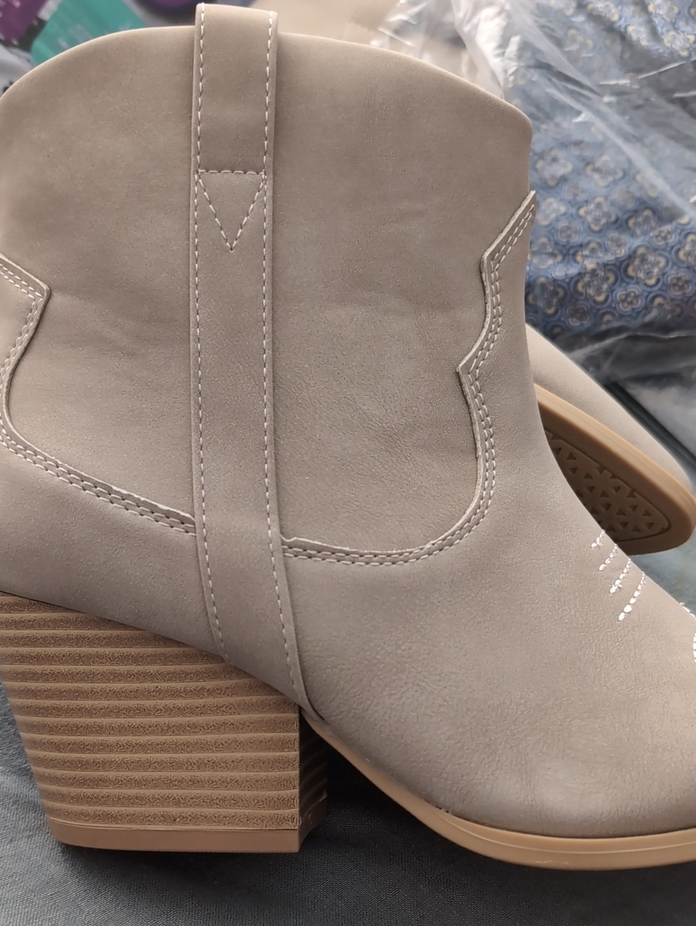 Qupid Taupe Western-Style Ankle Boot with Stacked Heel- 7